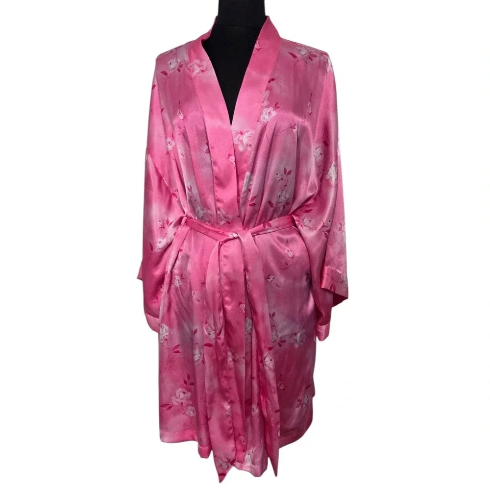 Vintage Inner Most Lingerie Robe Pink Satin Silky Kimono Floral Coquette Size L